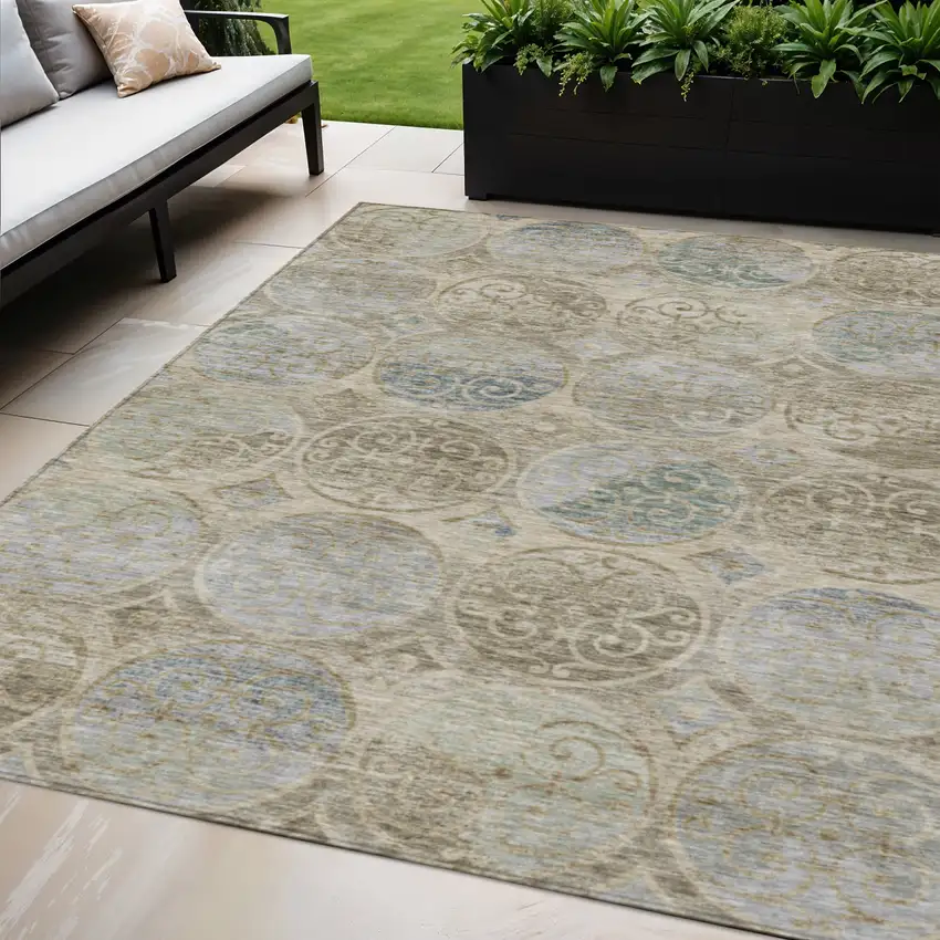 Beige Taupe And Blue Trellis Washable Indoor Outdoor Area Rug Photo 1