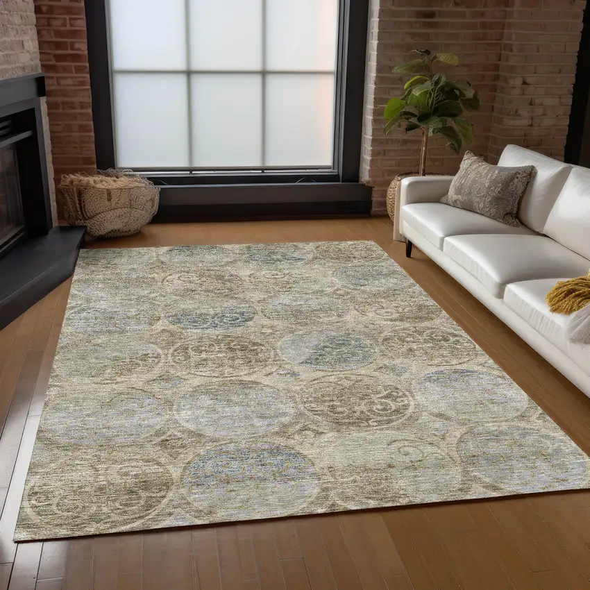 Beige Taupe And Blue Trellis Washable Indoor Outdoor Area Rug Photo 8
