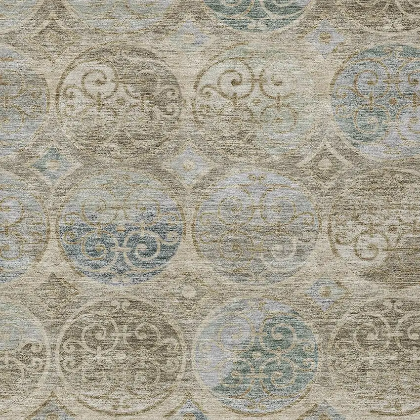 Beige Taupe And Blue Trellis Washable Indoor Outdoor Area Rug Photo 4