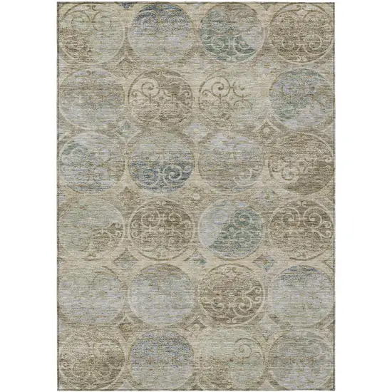 Beige Taupe And Blue Trellis Washable Indoor Outdoor Area Rug Photo 2