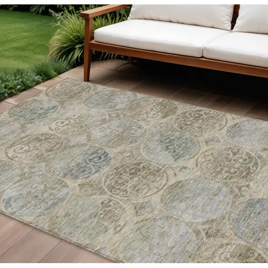 Beige Taupe And Blue Trellis Washable Indoor Outdoor Area Rug Photo 1