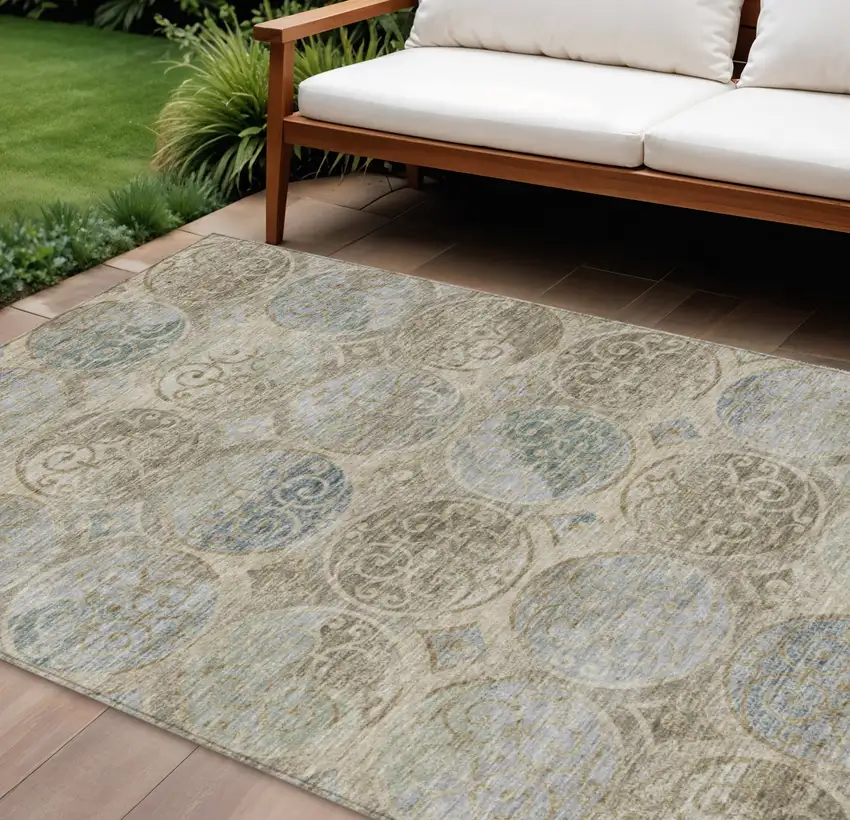 Beige Taupe And Blue Trellis Washable Indoor Outdoor Area Rug Photo 1
