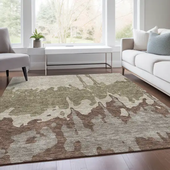 Beige Taupe And Brown Abstract Washable Area Rug With UV Protection Photo 5