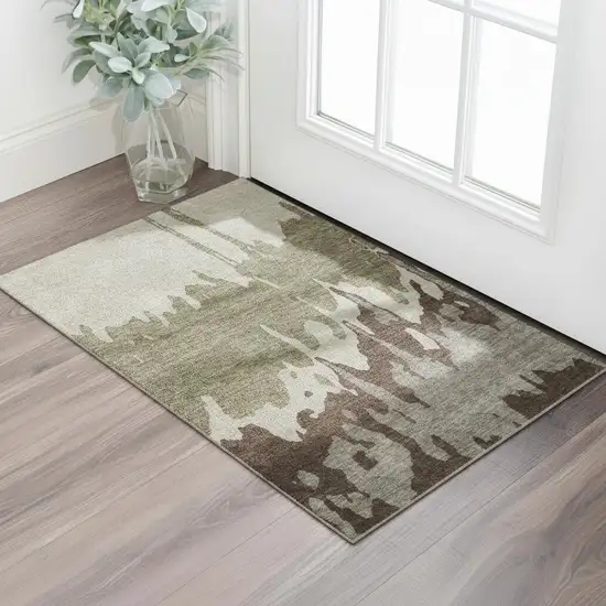 Beige Taupe And Brown Abstract Washable Area Rug With UV Protection Photo 2