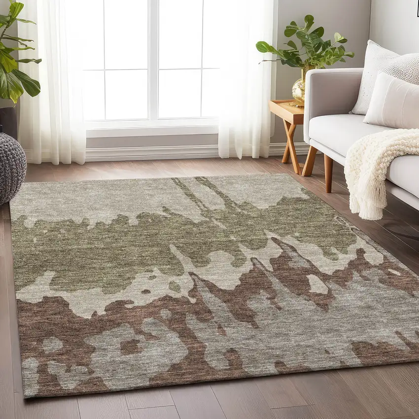 Beige Taupe And Brown Abstract Washable Area Rug With UV Protection Photo 4