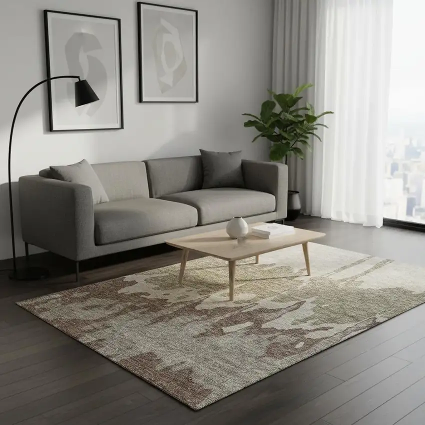 Beige Taupe And Brown Abstract Washable Area Rug With UV Protection Photo 2