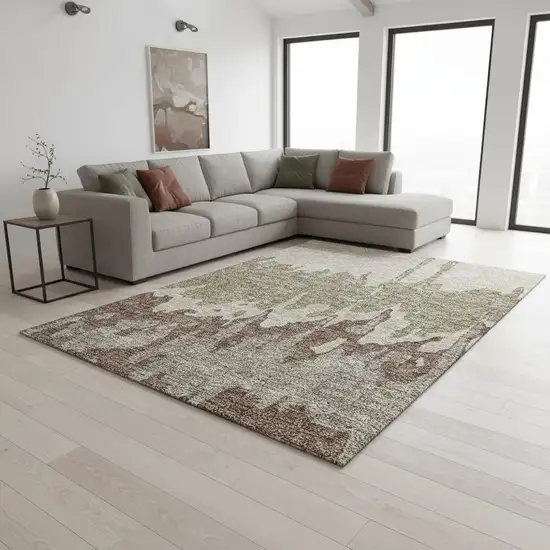 Beige Taupe And Brown Abstract Washable Area Rug With UV Protection Photo 2