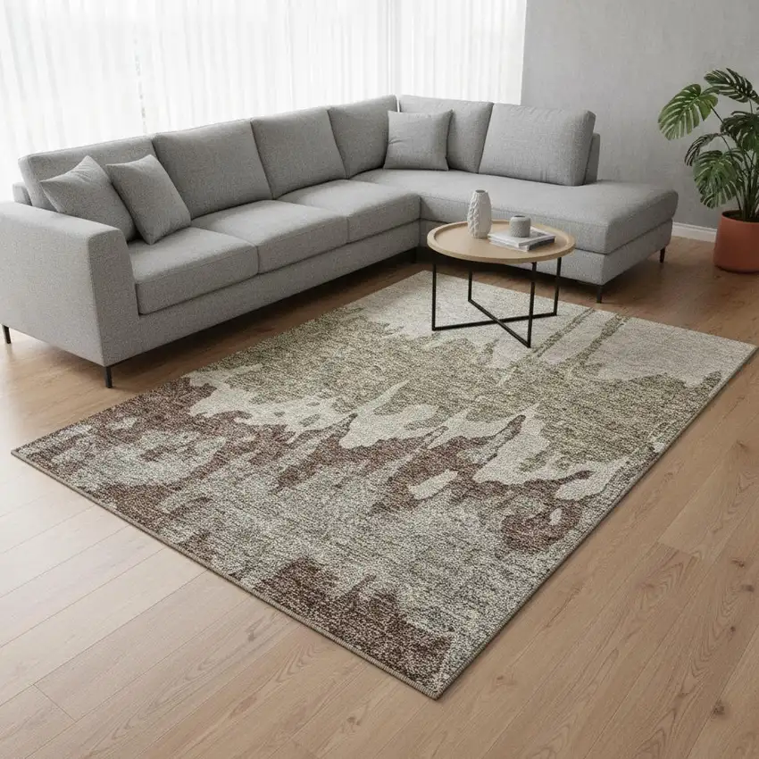Beige Taupe And Brown Abstract Washable Area Rug With UV Protection Photo 2
