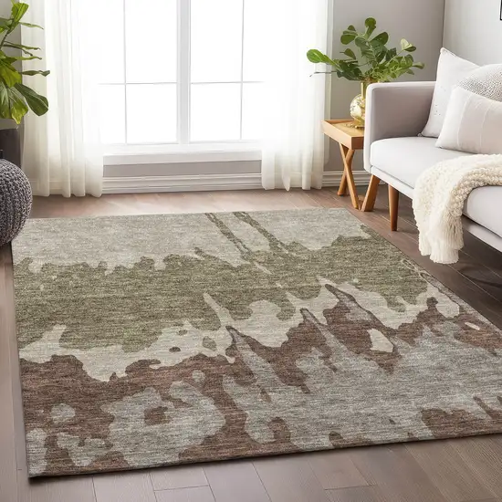 Beige Taupe And Brown Abstract Washable Area Rug With UV Protection Photo 4