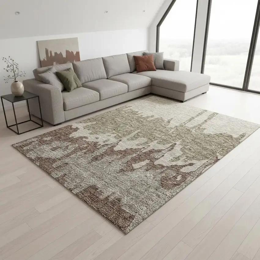 Beige Taupe And Brown Abstract Washable Area Rug With UV Protection Photo 2