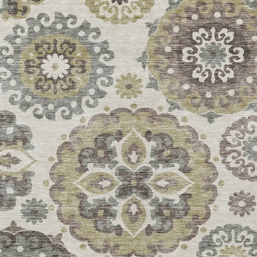 Beige Taupe And Brown Floral Medallion Washable Indoor Outdoor Area Rug Photo 5