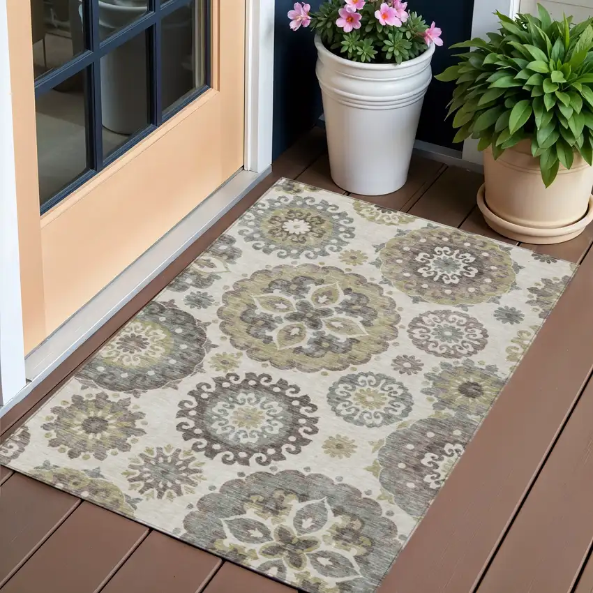 Beige Taupe And Brown Floral Medallion Washable Indoor Outdoor Area Rug Photo 1