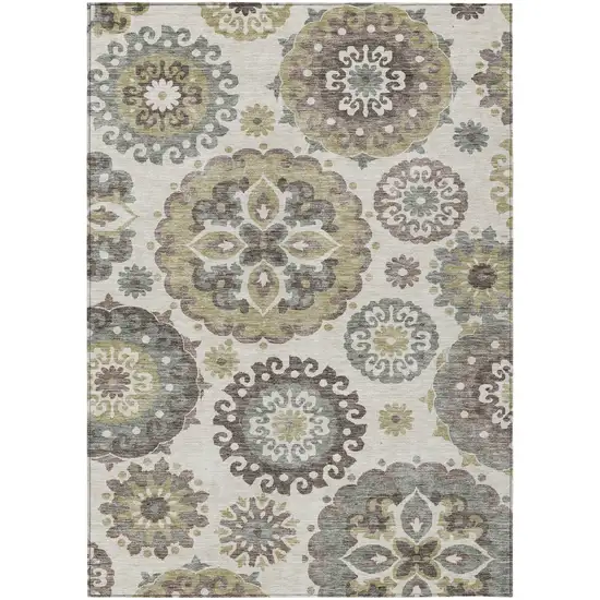 Beige Taupe And Brown Floral Medallion Washable Indoor Outdoor Area Rug Photo 2