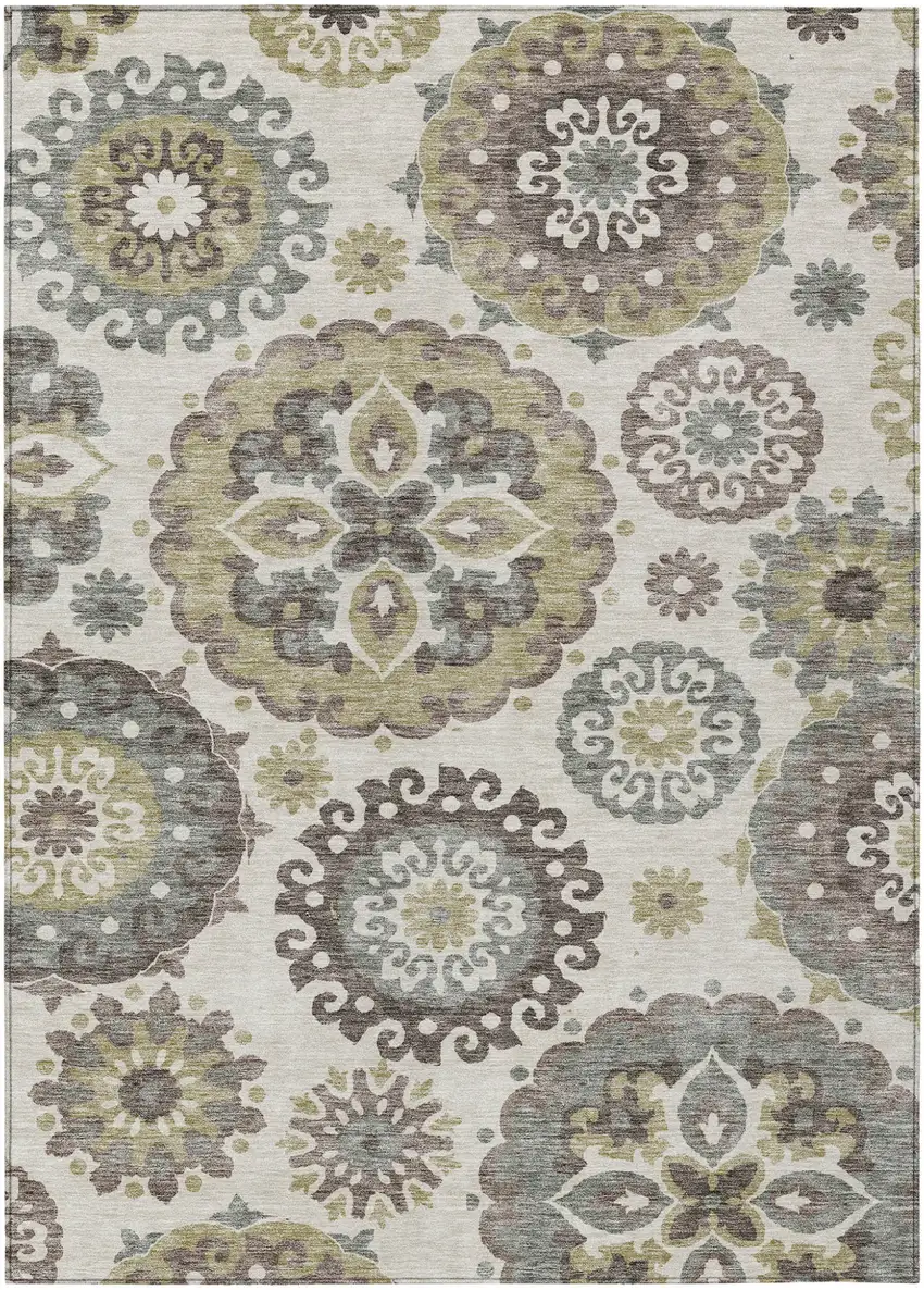 Beige Taupe And Brown Floral Medallion Washable Indoor Outdoor Area Rug Photo 2