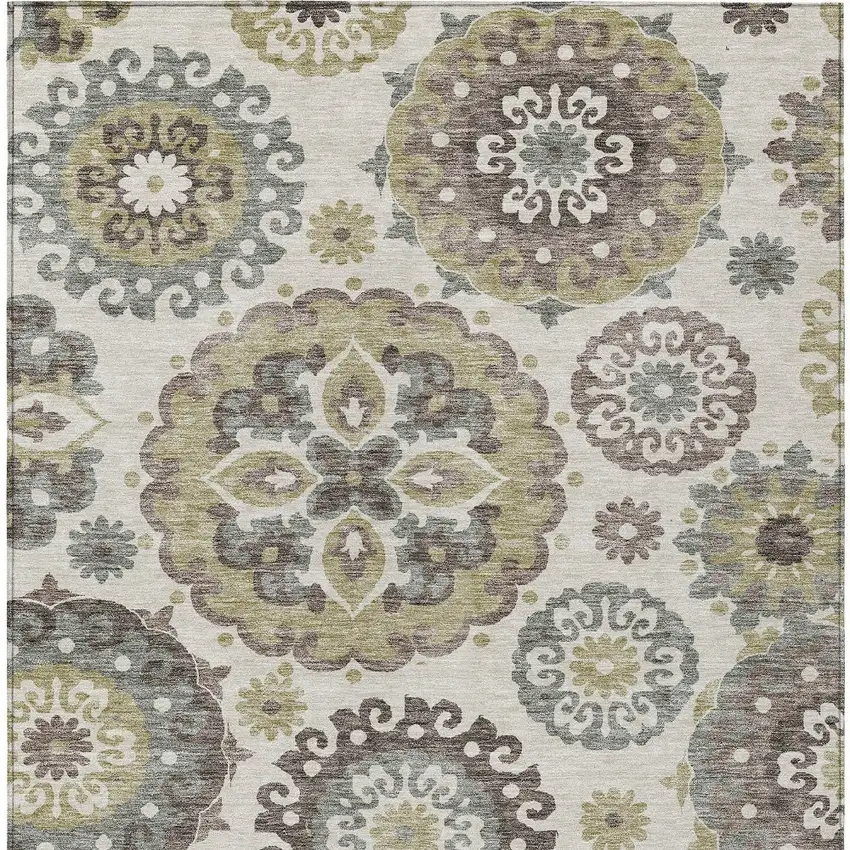 Beige Taupe And Brown Floral Medallion Washable Indoor Outdoor Area Rug Photo 6
