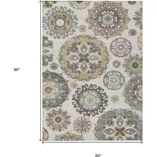 Beige Taupe And Brown Floral Medallion Washable Indoor Outdoor Area Rug Photo 3
