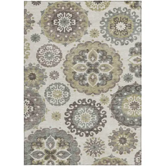 Beige Taupe And Brown Floral Medallion Washable Indoor Outdoor Area Rug Photo 7