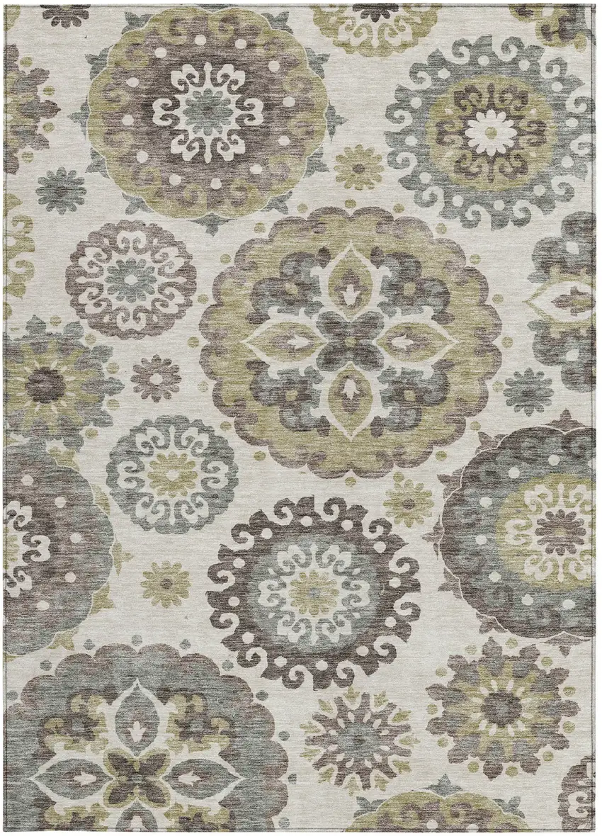 Beige Taupe And Brown Floral Medallion Washable Indoor Outdoor Area Rug Photo 7