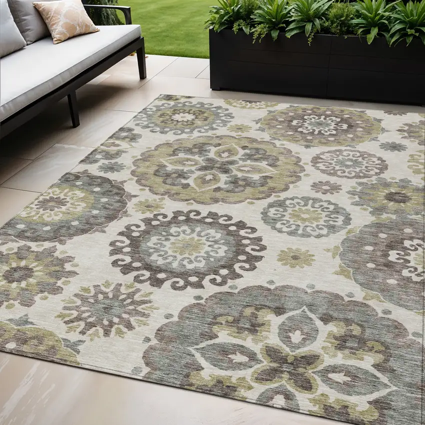 Beige Taupe And Brown Floral Medallion Washable Indoor Outdoor Area Rug Photo 1