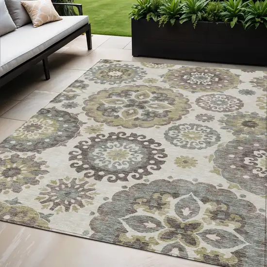 Beige Taupe And Brown Floral Medallion Washable Indoor Outdoor Area Rug Photo 1