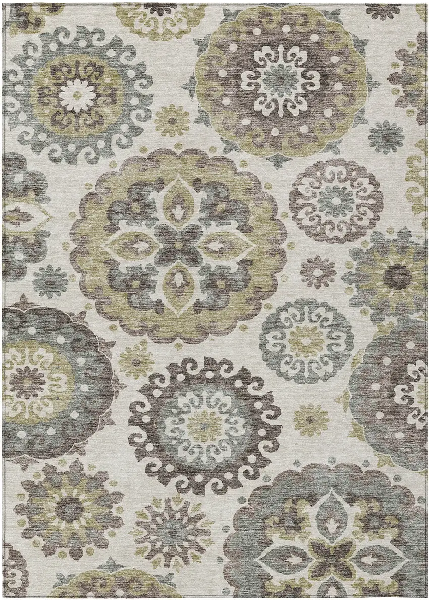 Beige Taupe And Brown Floral Medallion Washable Indoor Outdoor Area Rug Photo 1