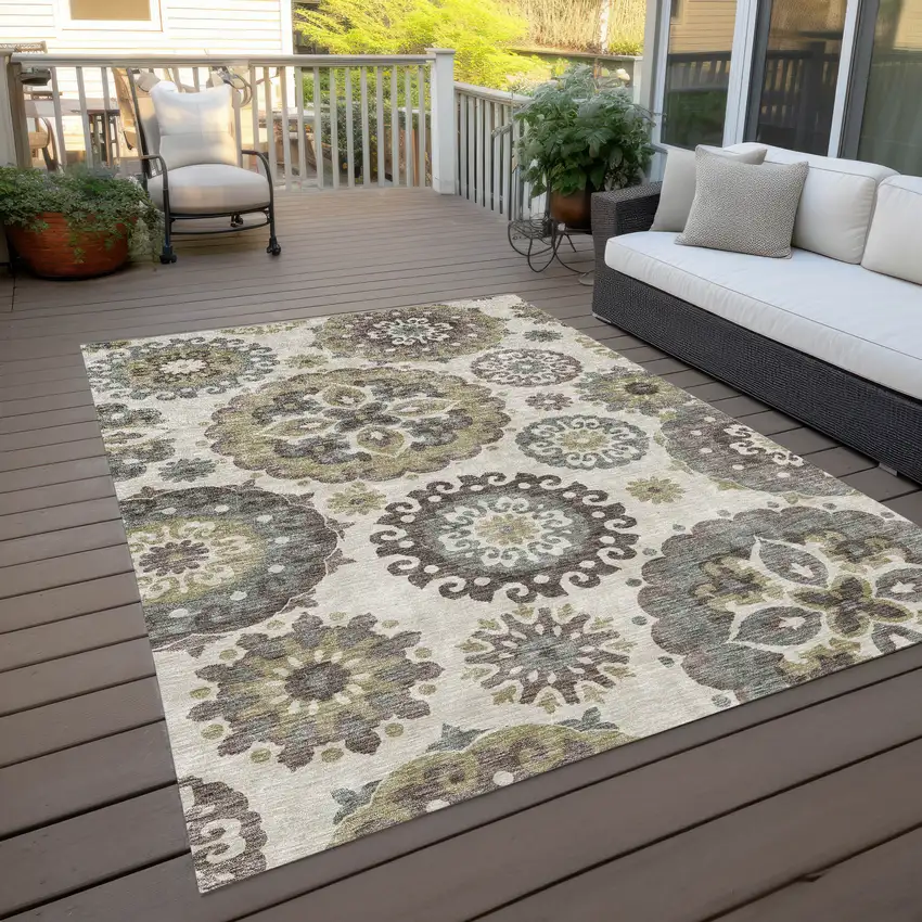 Beige Taupe And Brown Floral Medallion Washable Indoor Outdoor Area Rug Photo 9