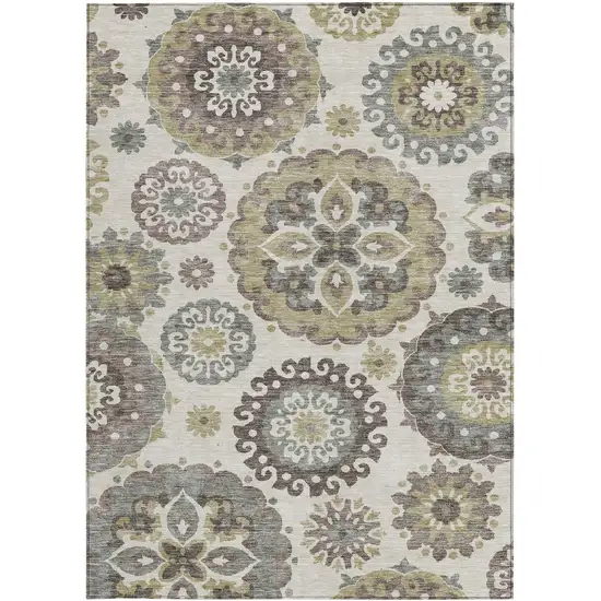 Beige Taupe And Brown Floral Medallion Washable Indoor Outdoor Area Rug Photo 5