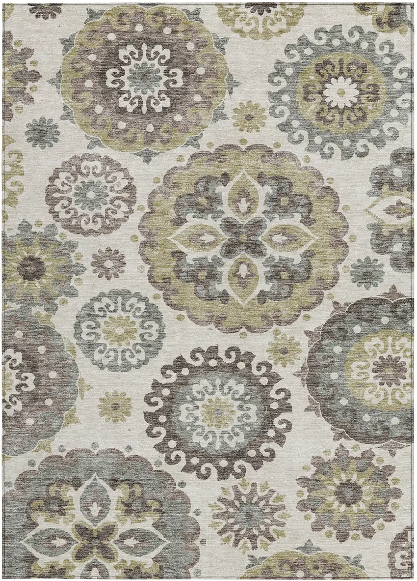 Beige Taupe And Brown Floral Medallion Washable Indoor Outdoor Area Rug Photo 5