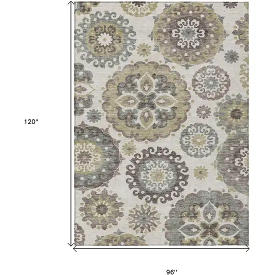 Beige Taupe And Brown Floral Medallion Washable Indoor Outdoor Area Rug Photo 3