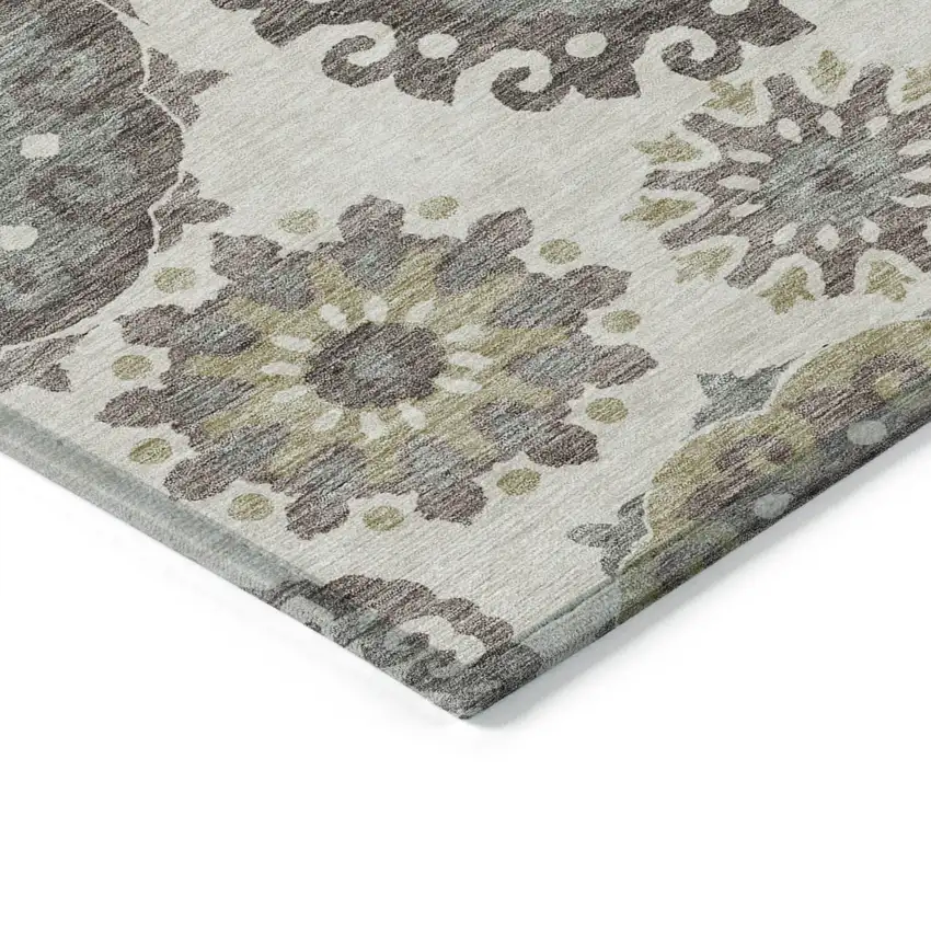 Beige Taupe And Brown Floral Medallion Washable Indoor Outdoor Area Rug Photo 2