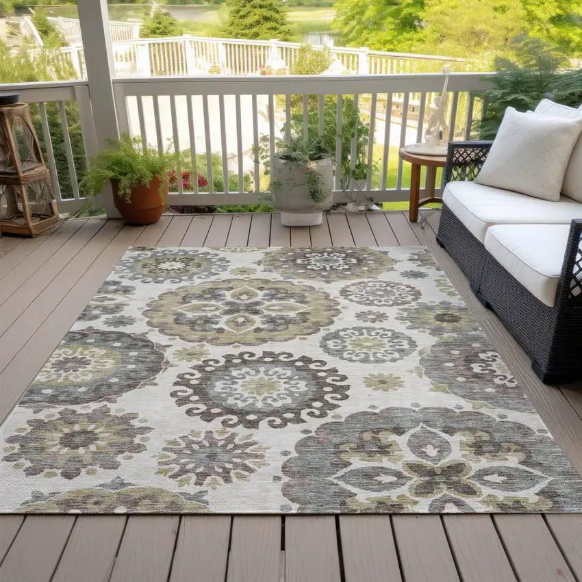 Beige Taupe And Brown Floral Medallion Washable Indoor Outdoor Area Rug Photo 6