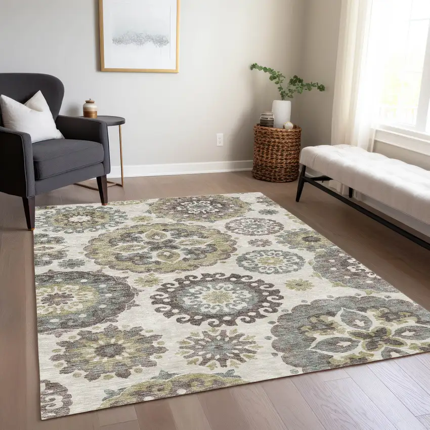 Beige Taupe And Brown Floral Medallion Washable Indoor Outdoor Area Rug Photo 9