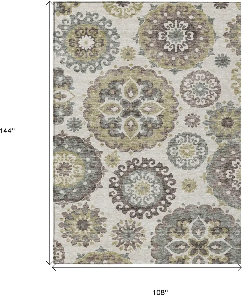 Beige Taupe And Brown Floral Medallion Washable Indoor Outdoor Area Rug Photo 3