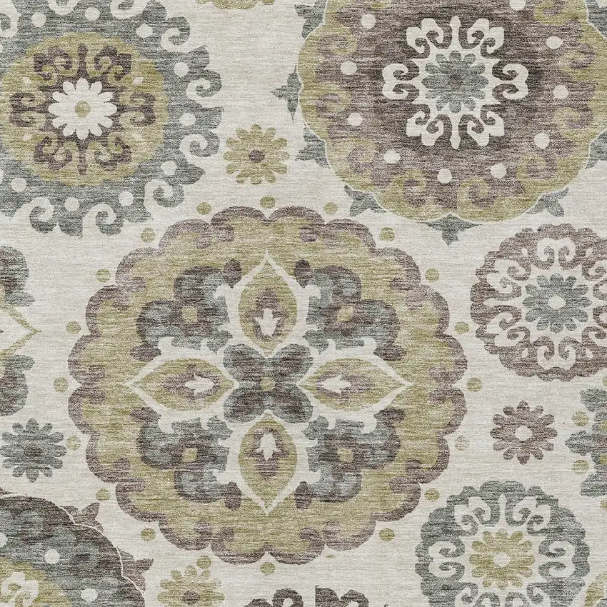 Beige Taupe And Brown Floral Medallion Washable Indoor Outdoor Area Rug Photo 4