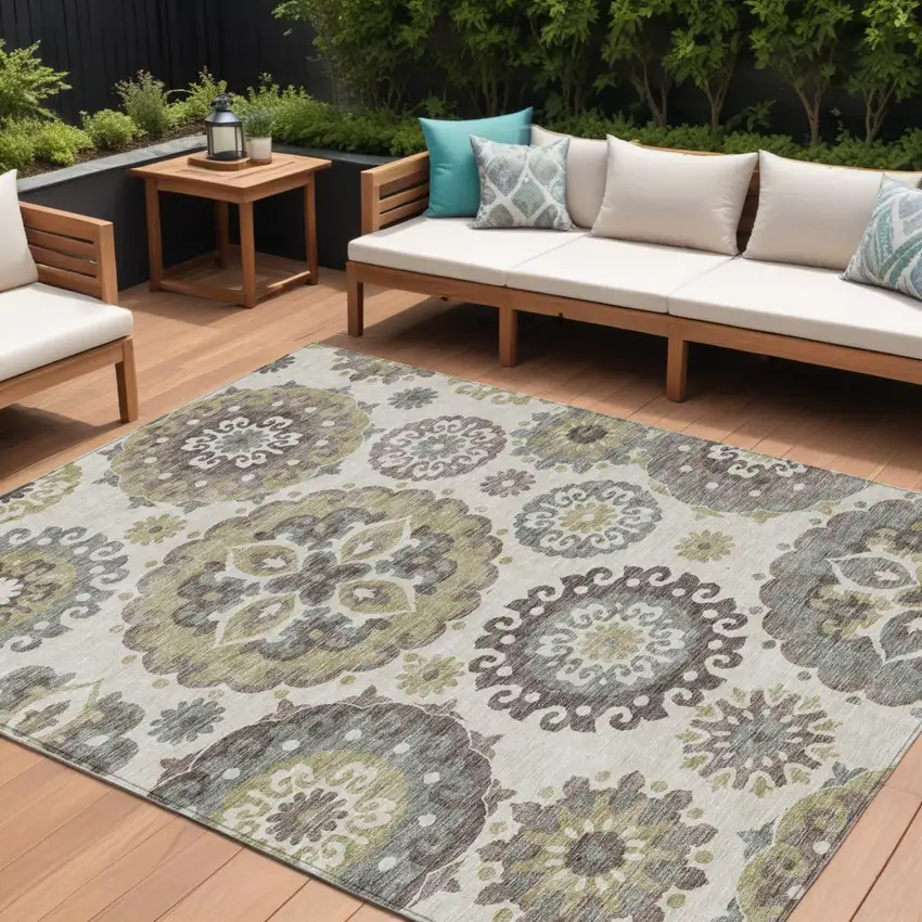 Beige Taupe And Brown Floral Medallion Washable Indoor Outdoor Area Rug Photo 1
