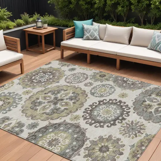 Beige Taupe And Brown Floral Medallion Washable Indoor Outdoor Area Rug Photo 1