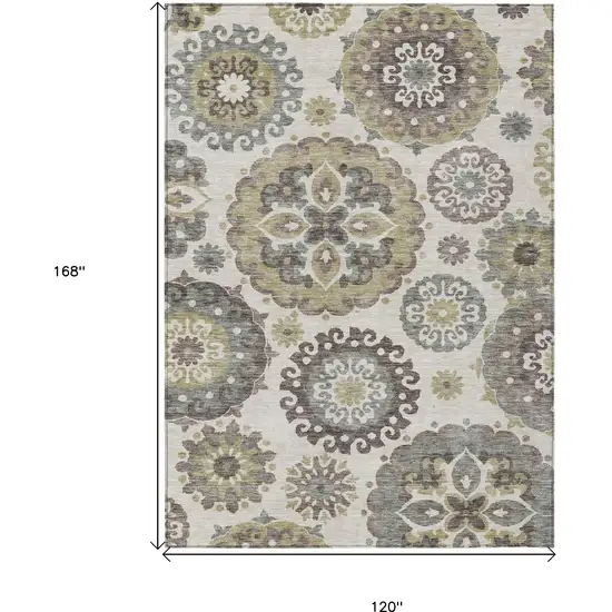 Beige Taupe And Brown Floral Medallion Washable Indoor Outdoor Area Rug Photo 3