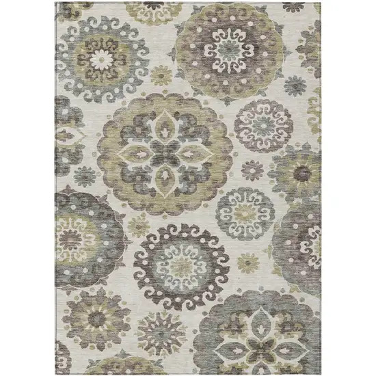 Beige Taupe And Brown Floral Medallion Washable Indoor Outdoor Area Rug Photo 1