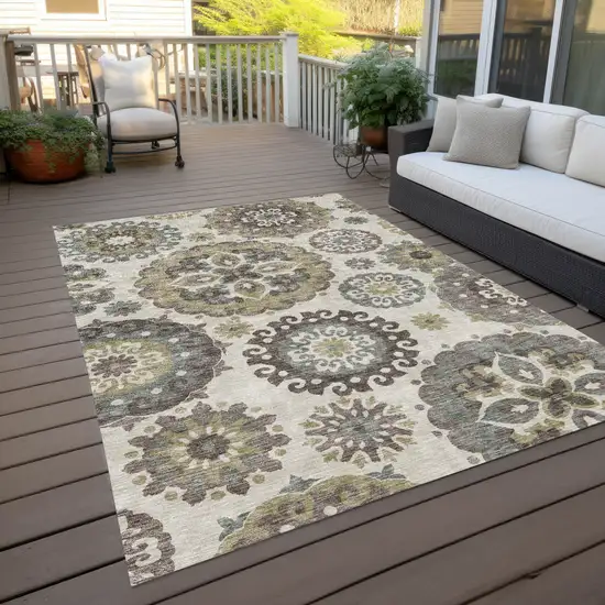 Beige Taupe And Brown Floral Medallion Washable Indoor Outdoor Area Rug Photo 9