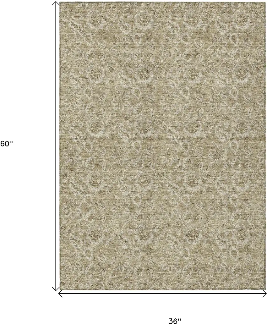 Beige Taupe And Brown Floral Washable Indoor Outdoor Area Rug Photo 3