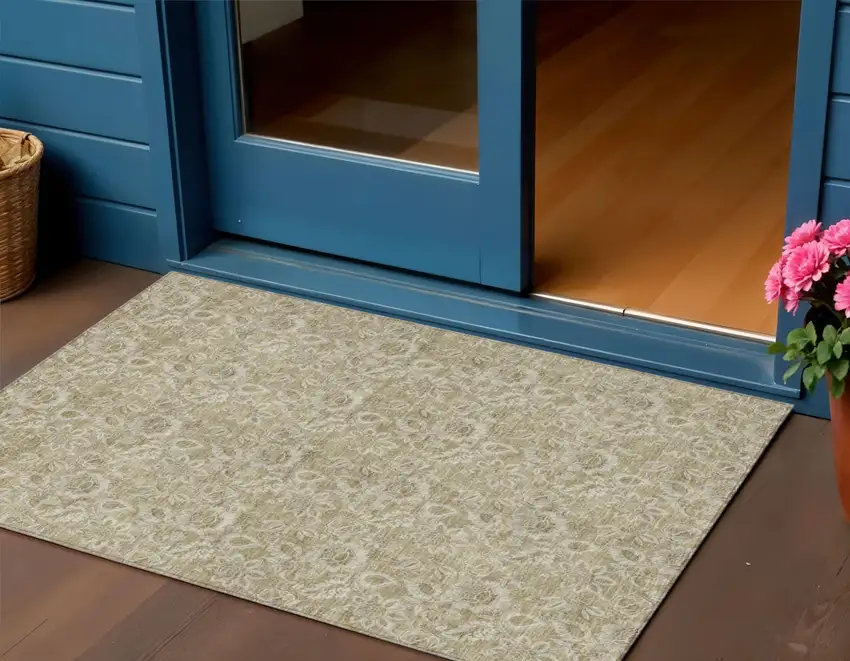 Beige Taupe And Brown Floral Washable Indoor Outdoor Area Rug Photo 1