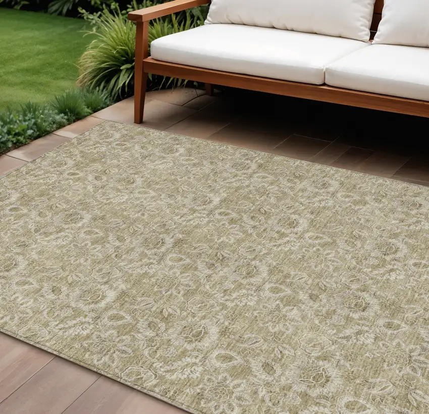 Beige Taupe And Brown Floral Washable Indoor Outdoor Area Rug Photo 1