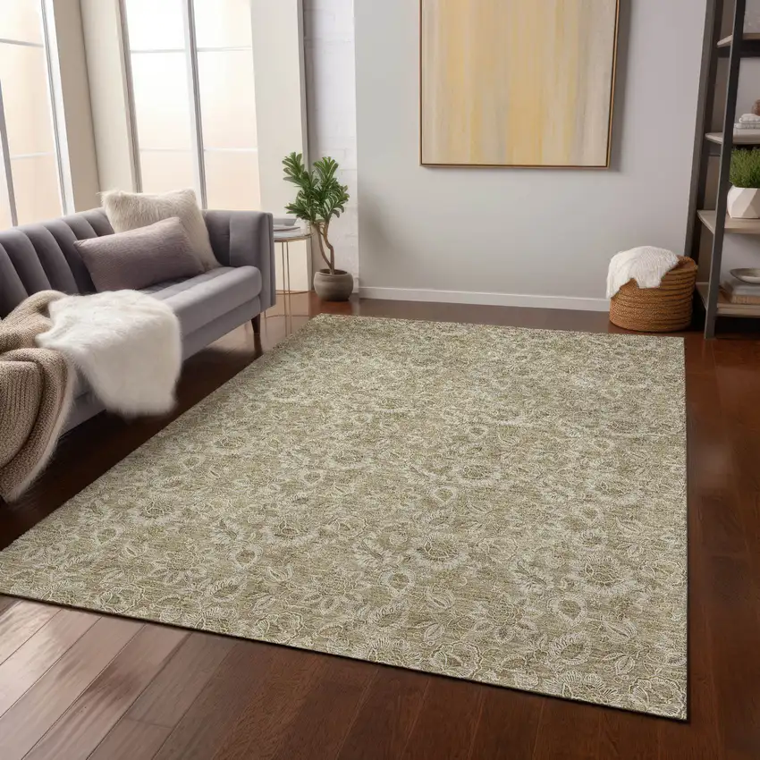 Beige Taupe And Brown Floral Washable Indoor Outdoor Area Rug Photo 8