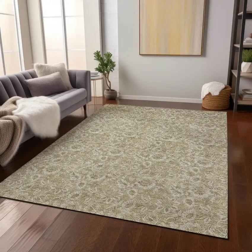 Beige Taupe And Brown Floral Washable Indoor Outdoor Area Rug Photo 8