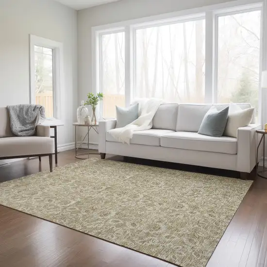 Beige Taupe And Brown Floral Washable Indoor Outdoor Area Rug Photo 9