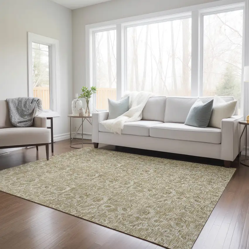 Beige Taupe And Brown Floral Washable Indoor Outdoor Area Rug Photo 9