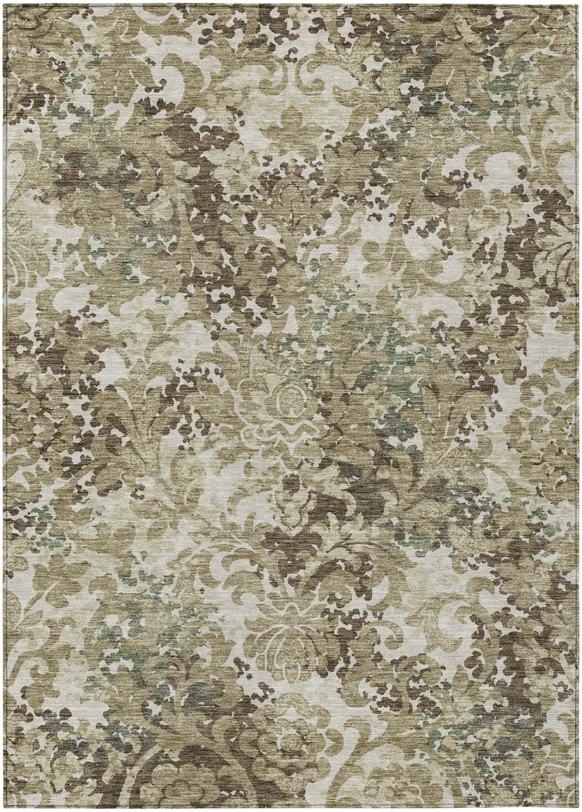 Beige Taupe And Brown Floral Washable Indoor Outdoor Area Rug Photo 1
