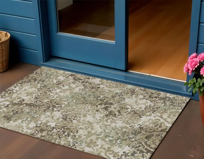 Beige Taupe And Brown Floral Washable Indoor Outdoor Area Rug Photo 1