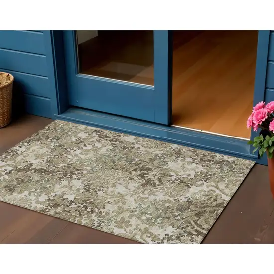 Beige Taupe And Brown Floral Washable Indoor Outdoor Area Rug Photo 1
