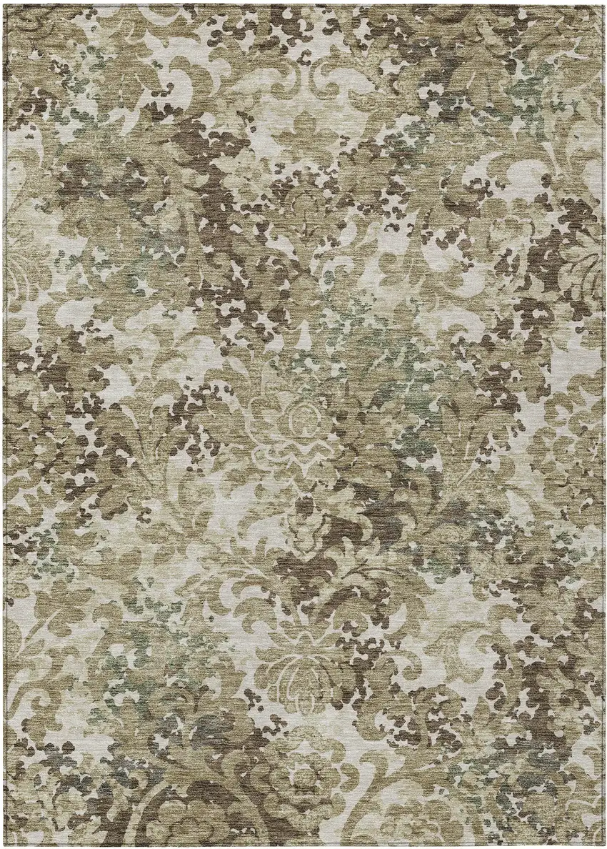 Beige Taupe And Brown Floral Washable Indoor Outdoor Area Rug Photo 1